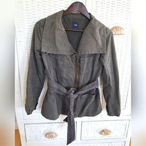 Gap The Utility Jacket Gray  LINED Wide Collar Cargo Jacket Belted Petite SP